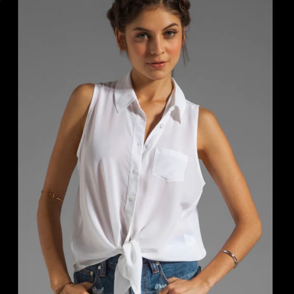Equipment Femme Mina Sleeveless Tie Front Blouse in LIGHT GREY/BLUEGREEN SZ XS